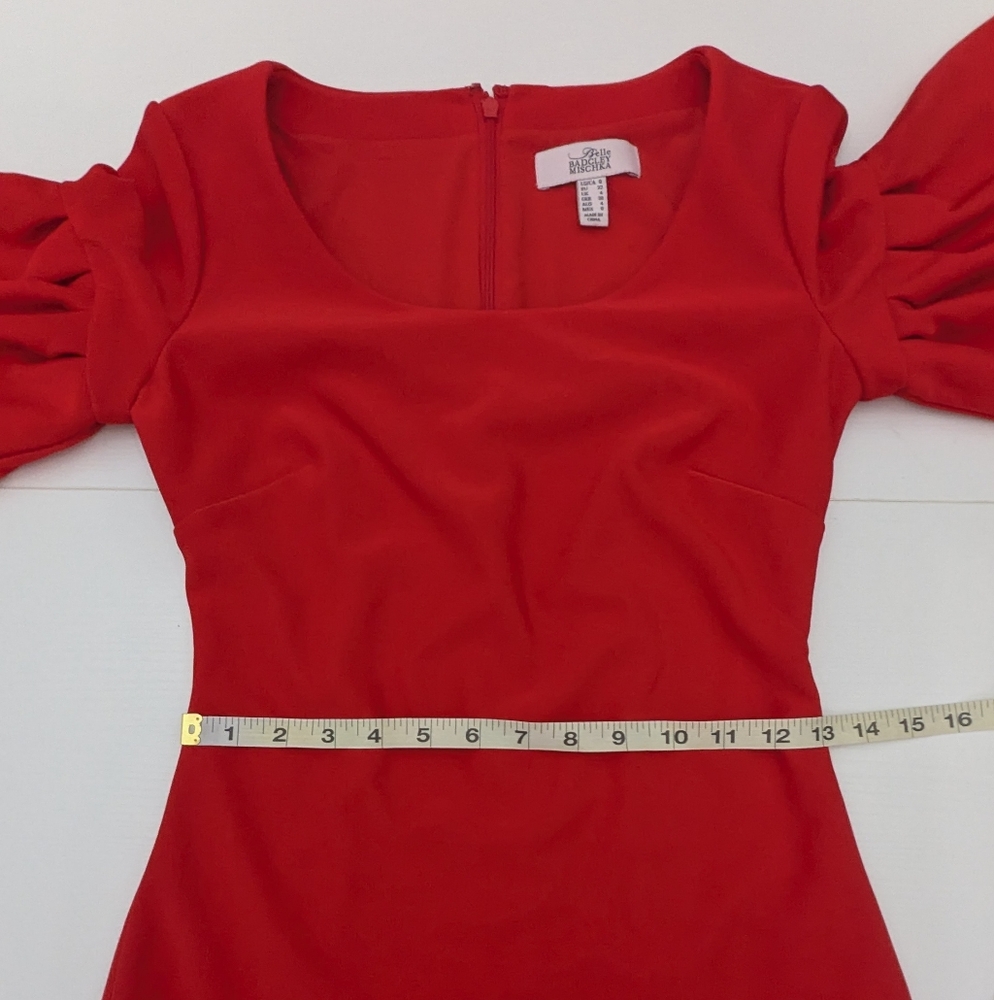 Badgley Mischka Red Knee Length Scuba Sheath Dress 3/4 Bell Sleeves Formal 0 - Picture 5 of 13